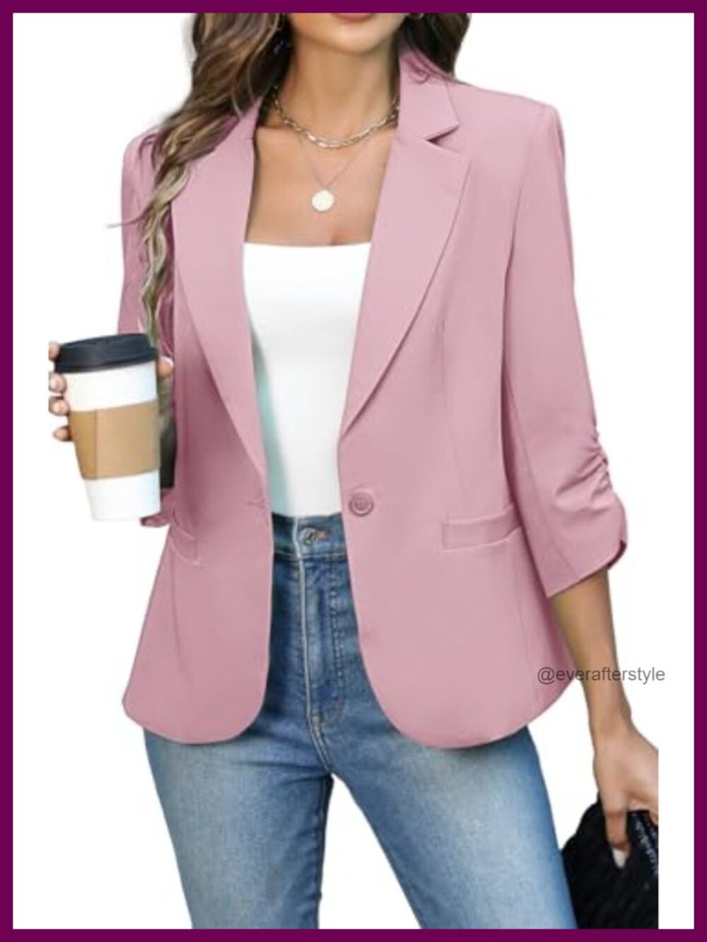 Women's Ruched 3/4 Sleeve Blazer Lightweight Fitted Business Casual